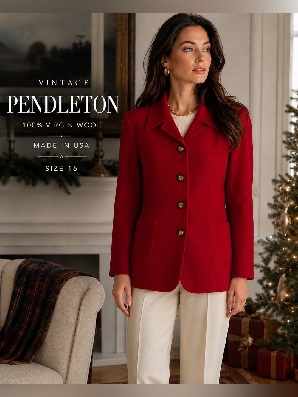Vintage Pendleton Red Tailored Virgin Wool Blazer Jacket Size 16